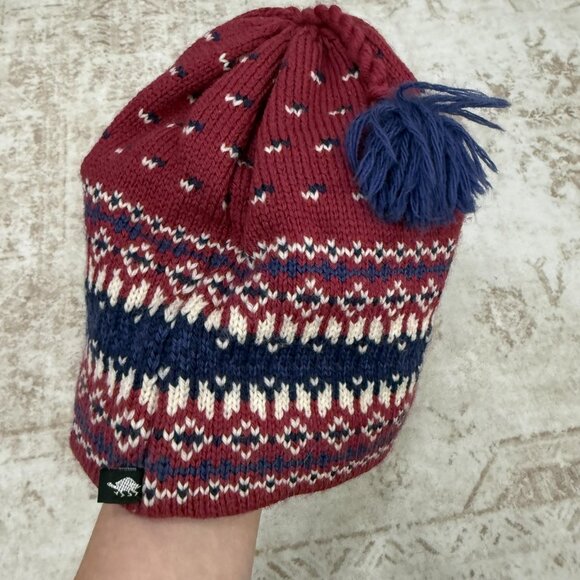 Turtle Fur Hat Beanie Fair Isle Knit Red Blue Wool Fleece Lined Mens One Size - Picture 1 of 5